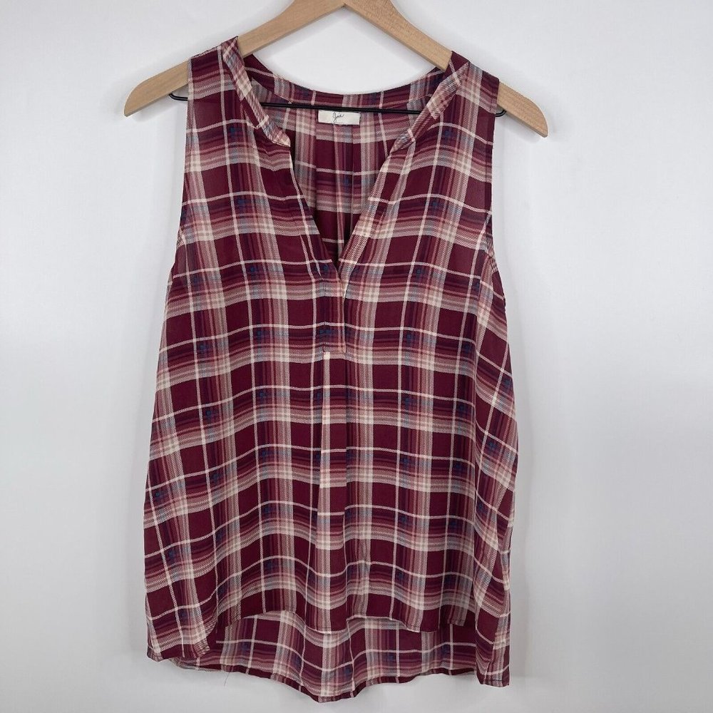 Joie Womens Silk Blouse Size M V Neck Plaid Sleeveless Red